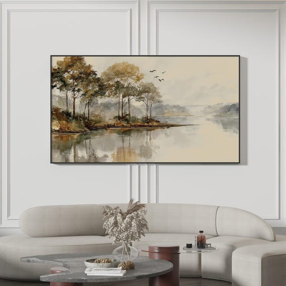 Calm Lake Landscape Wall Art Nature Canvas Painting Neutral Forest Reflection Print Modern Home Decor For Living Room Bedroom
