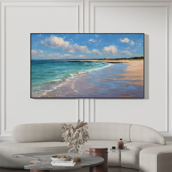 Sunny Vintage Coastal Beach Turquoise Waves Oil Painting Wall Art