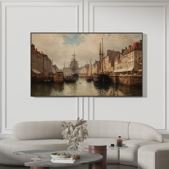 Tall Ships Old World Harbor Vintage Oil Painting Seascape Art Poster