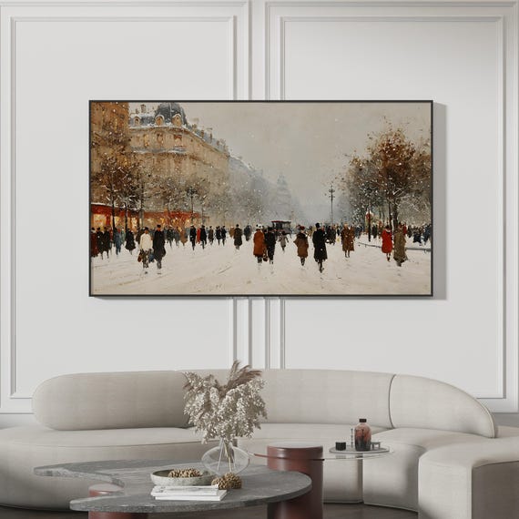 Parisian Winter Frame Tv Art Vintage Snowy Boulevard Painting Busy Holiday Street Classic European Cityscape 4k