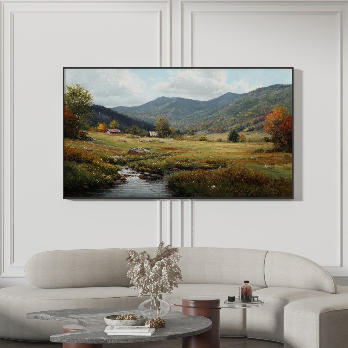 Autumn Mountain Valley Stream Rustic Barn Fall Painting Poster