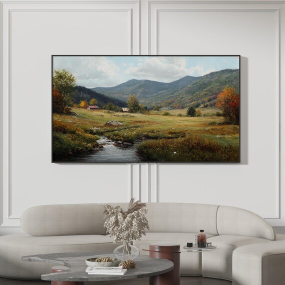 Autumn Mountain Valley Stream Rustic Barn Fall Painting Poster