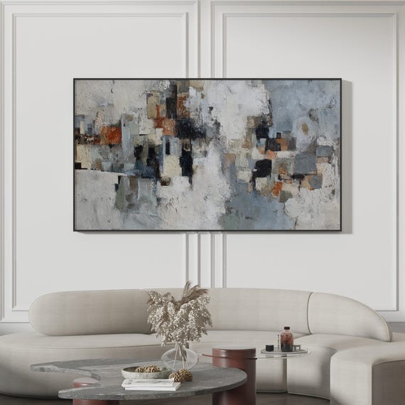Modern Industrial Frame Tv Art Textured Painting Urban Abstract Design Neutral Grey And Terracotta Contemporary Office Decor