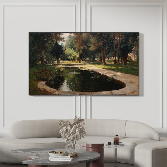 Garden Fountain Stone Pond Vintage Landscape Painting Poster