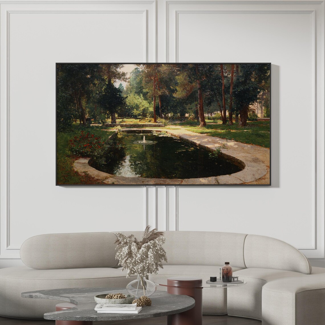 Garden Fountain Stone Pond Vintage Landscape Painting Poster