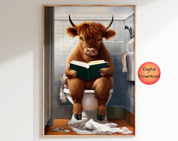 Highland Cow Bathroom Toilet Art Scottish On Funny Print Whimsy Animal Wall Kids Lover Gift