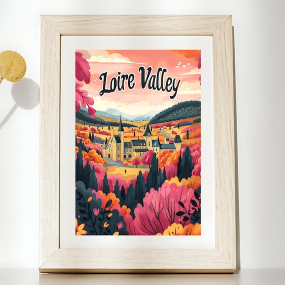 Loire Valley France Chateau Autumn Pink Foliage Travel Poster