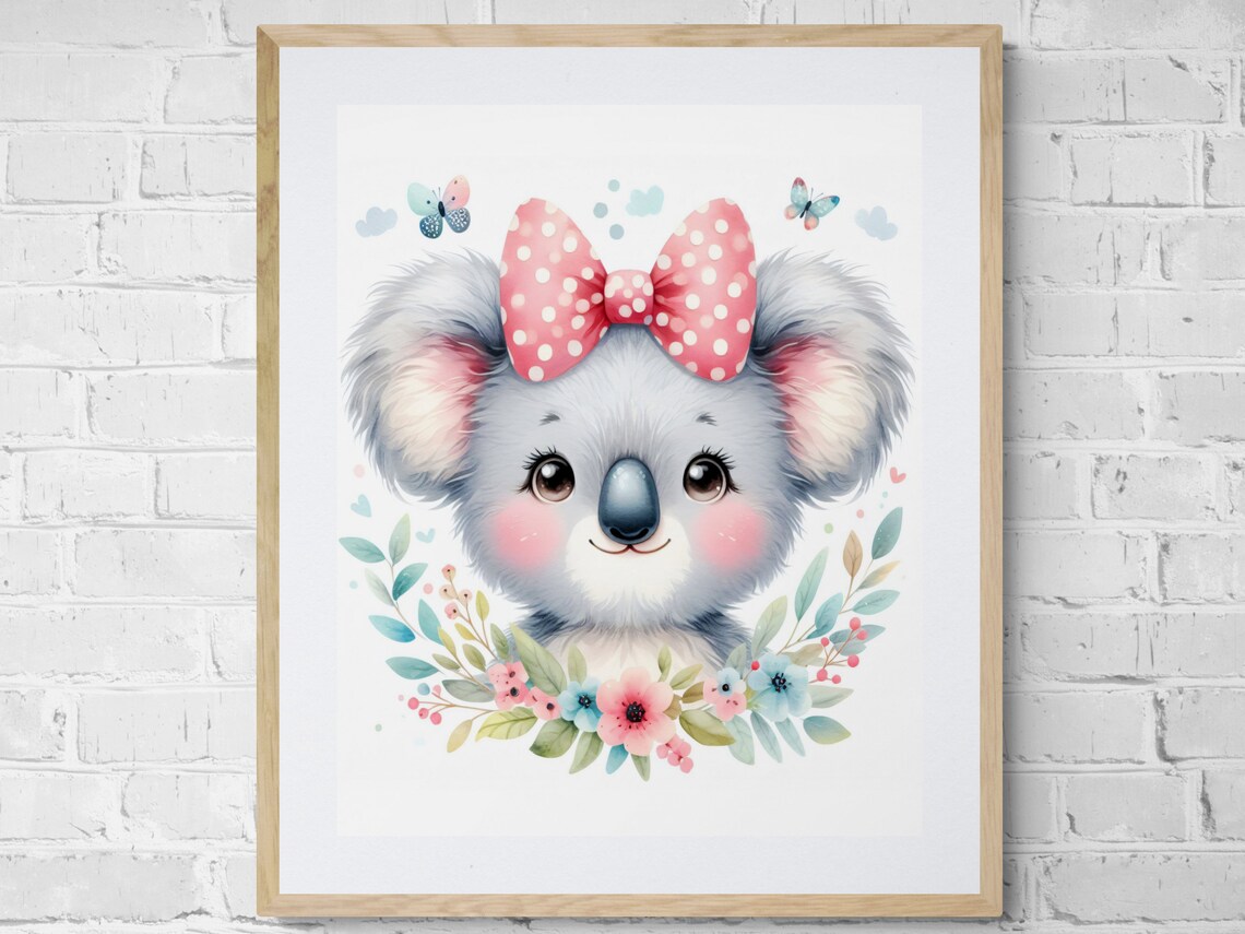 Cute Koala with Pink Bow Watercolor Baby Girl Nursery Animal Poster
