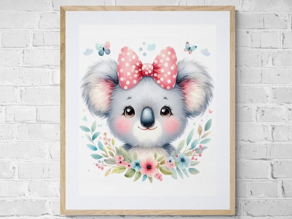 Cute Koala with Pink Bow Watercolor Baby Girl Nursery Animal Poster