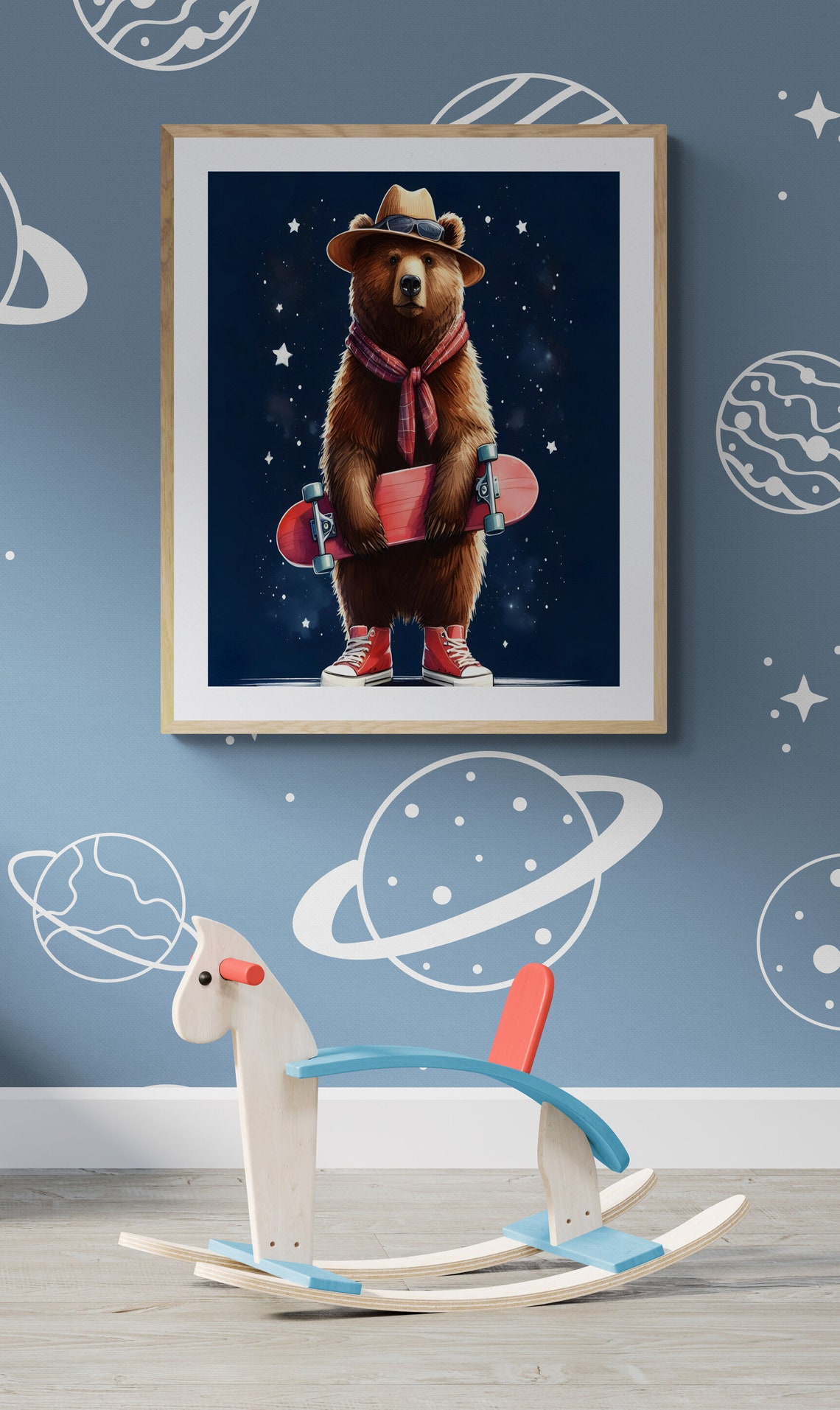 Cool Bear with Skateboard Navy Starry Cute Nursery Animal Art Poster - Image 3