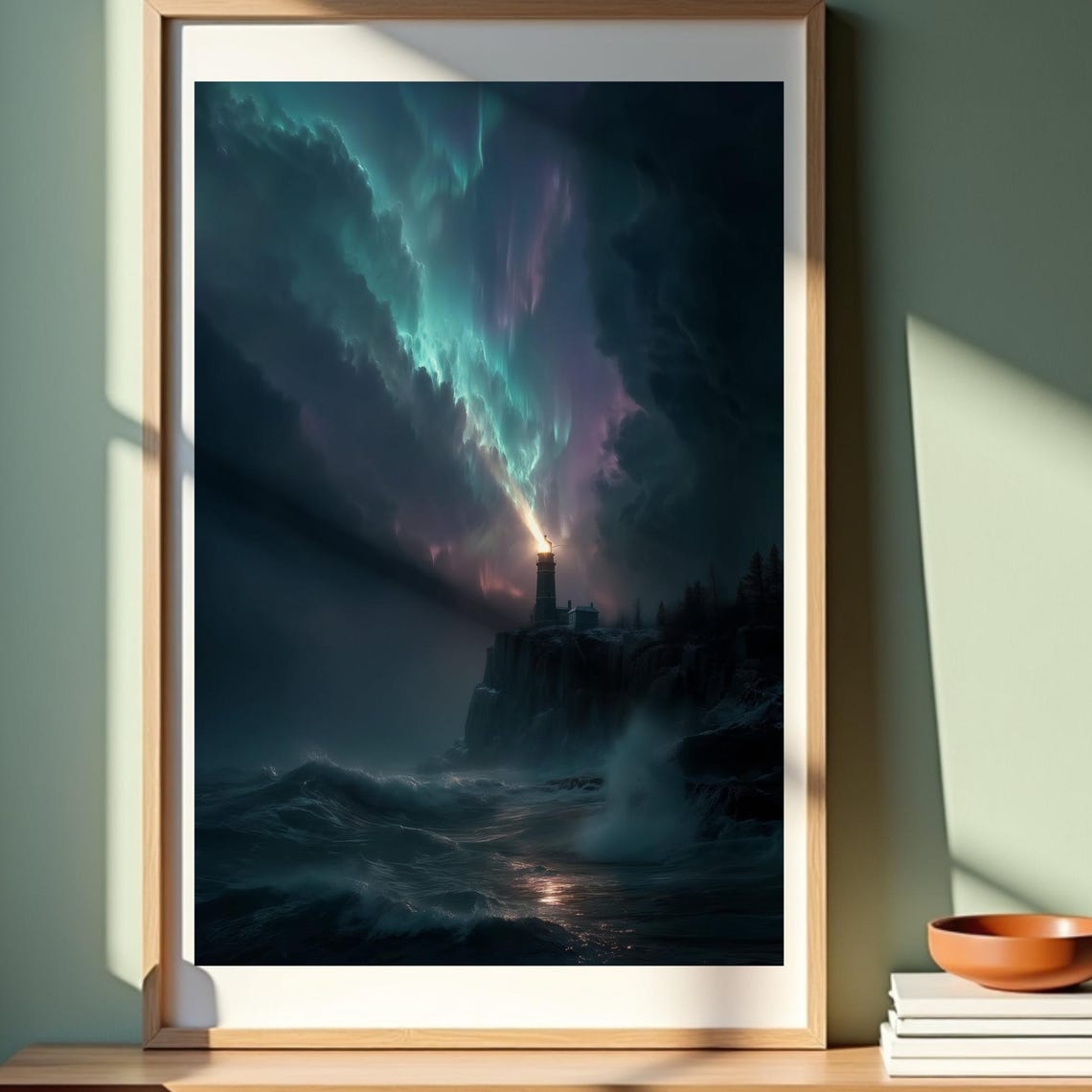 Aurora Lighthouse On Stormy Rocky Coast Moody Night Ocean Poster