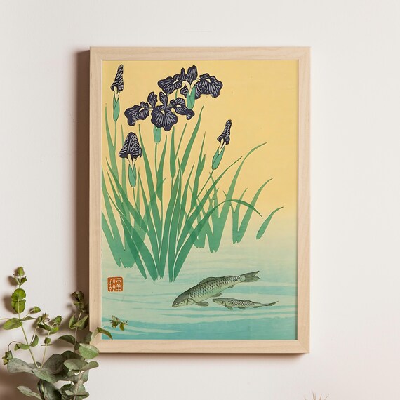 Carp And Iris By Ohara Koson C 1930s Japanese Fish Flower Woodblock Print Kachoe Botanical Art Vintage Nature Wall Decor