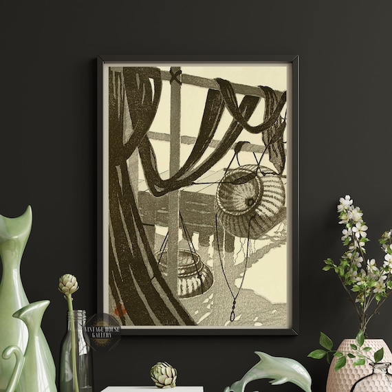 Vintage Japanese Fishing Baskets Harbor Sepia Woodblock Art Poster