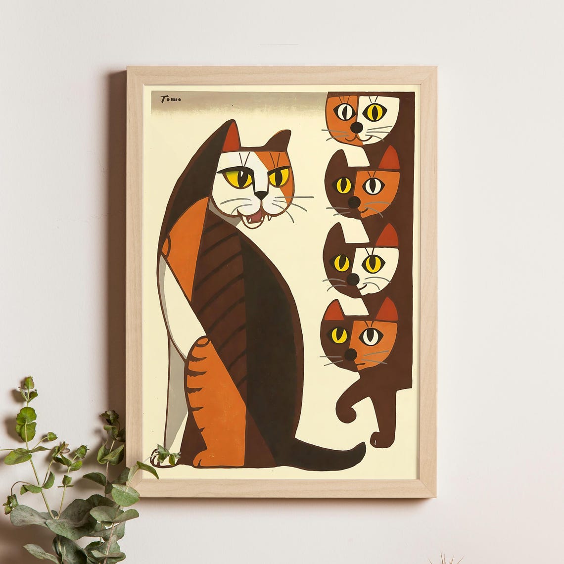 Inagaki Tomoo Cat Calling Her Kittens Modern Japanese Poster Art