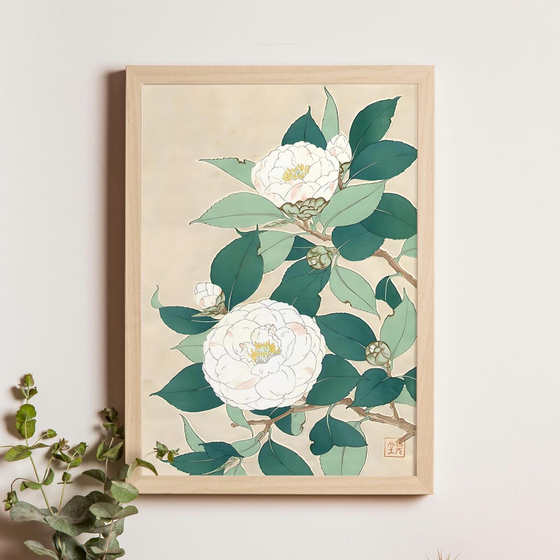 Shodo 1950 White Camellia Blossom Japanese Botanical Art Poster