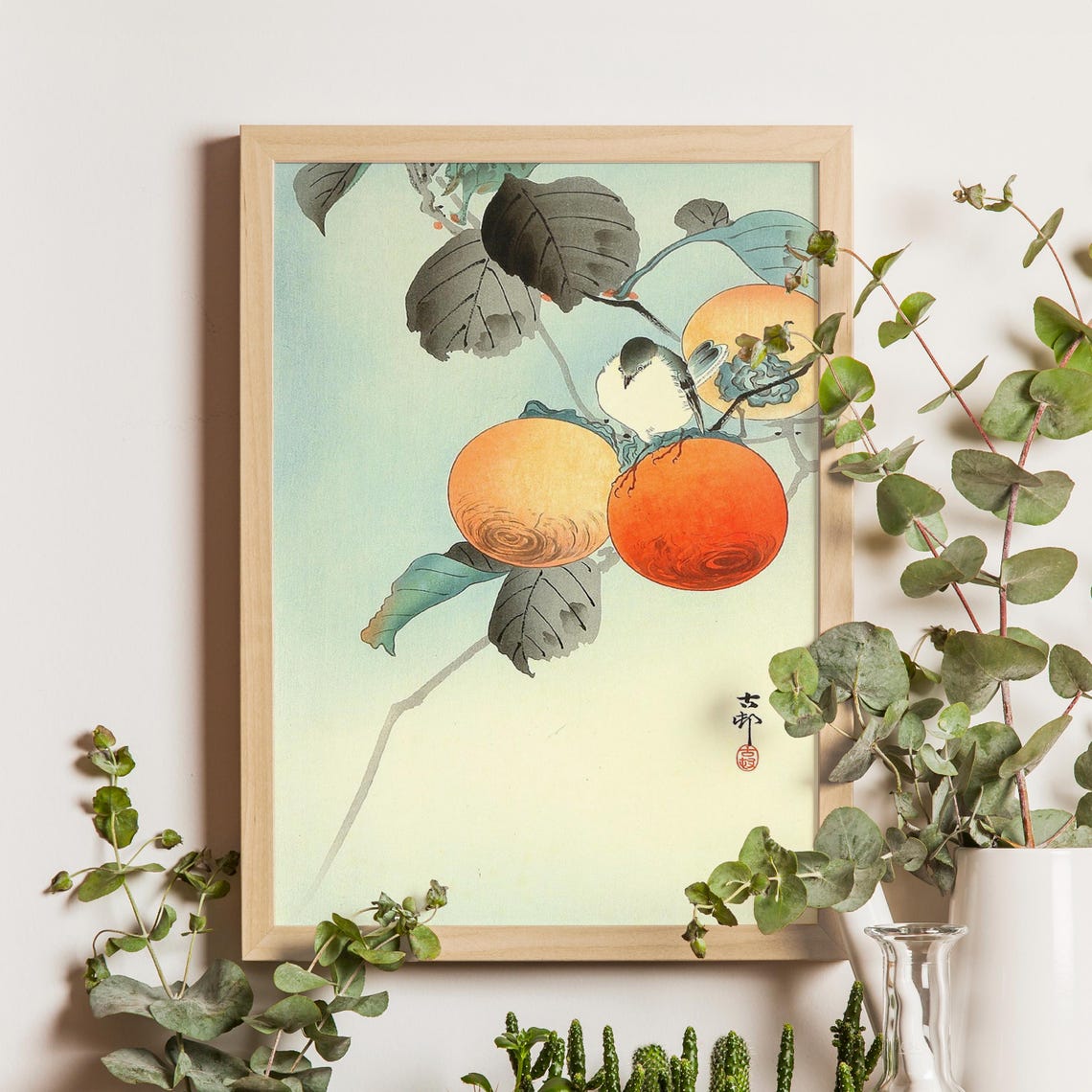 Nuthatch on Ripe Persimmon Branch Autumn Japanese Woodblock Poster