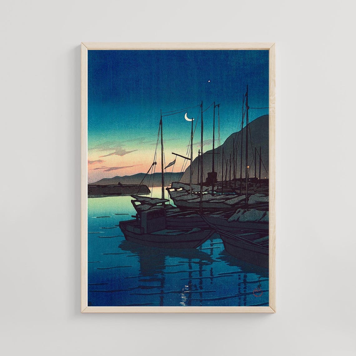 Kawase Hasui Moonlit Fishing Harbor Boats Under Crescent Moon Poster