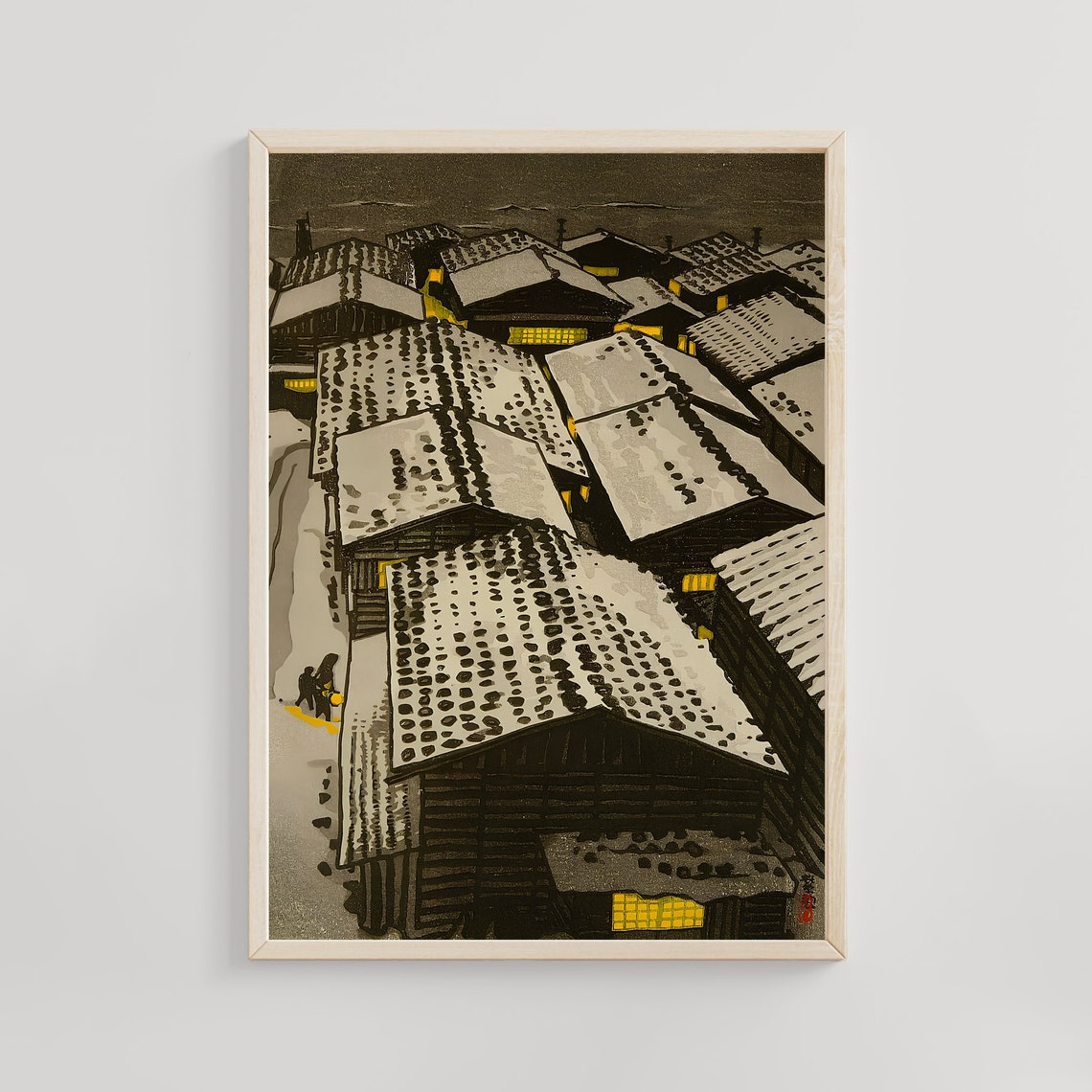 Snow Covered Village Rooftops Night Lit Windows Woodblock Poster