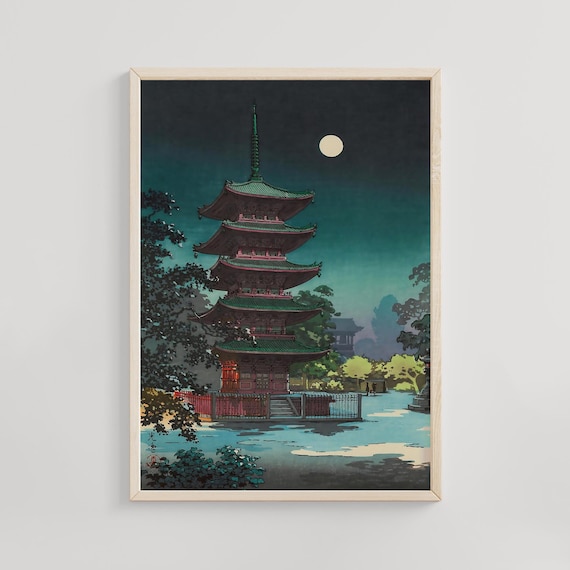 Kawase Hasui Asakusa Pagoda Under a Full Moon Night Scene Poster