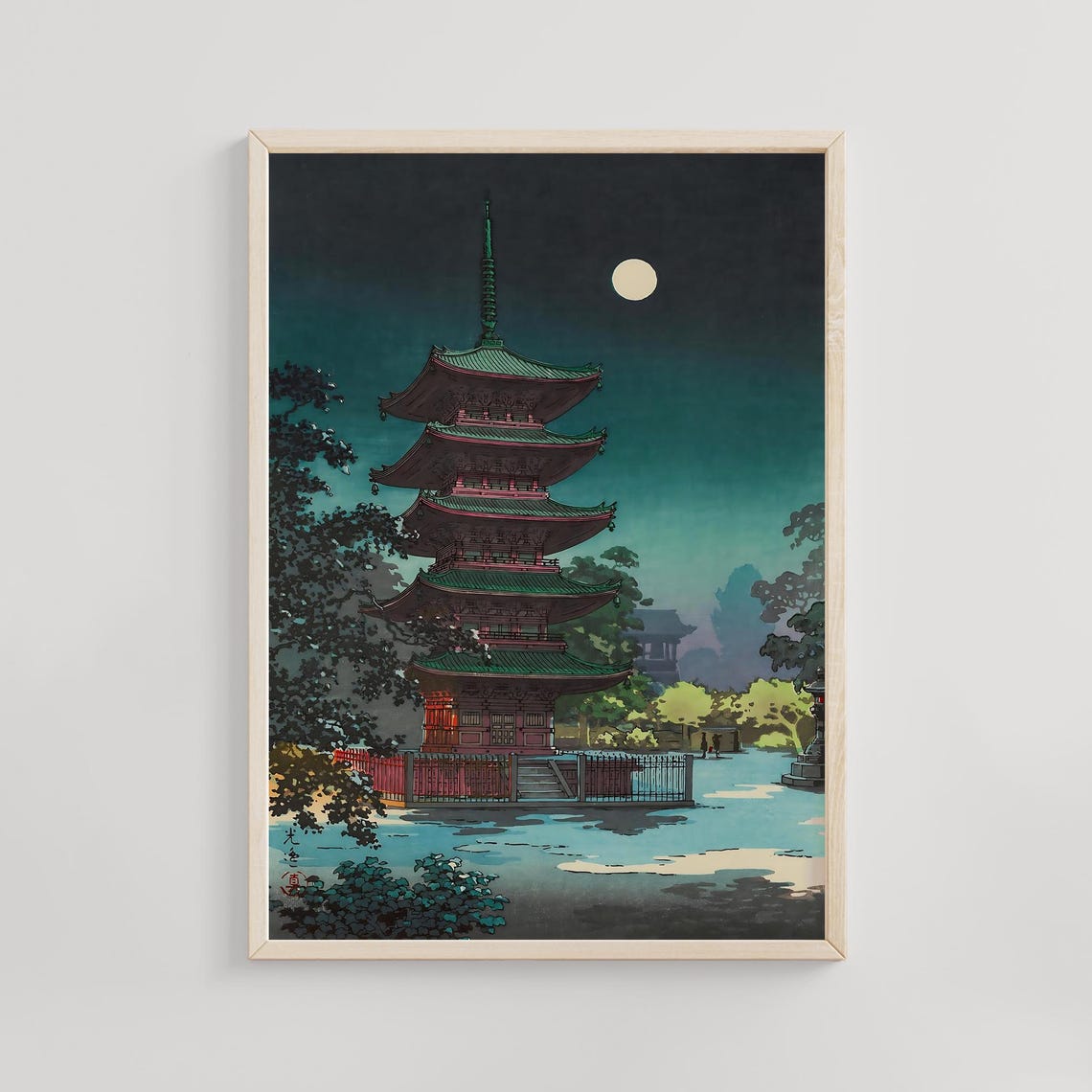 Kawase Hasui Asakusa Pagoda Under a Full Moon Night Scene Poster