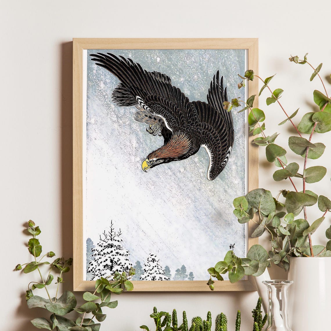 Eagle Diving in Snowy Sky Ohara Koson Raptor Woodblock Poster