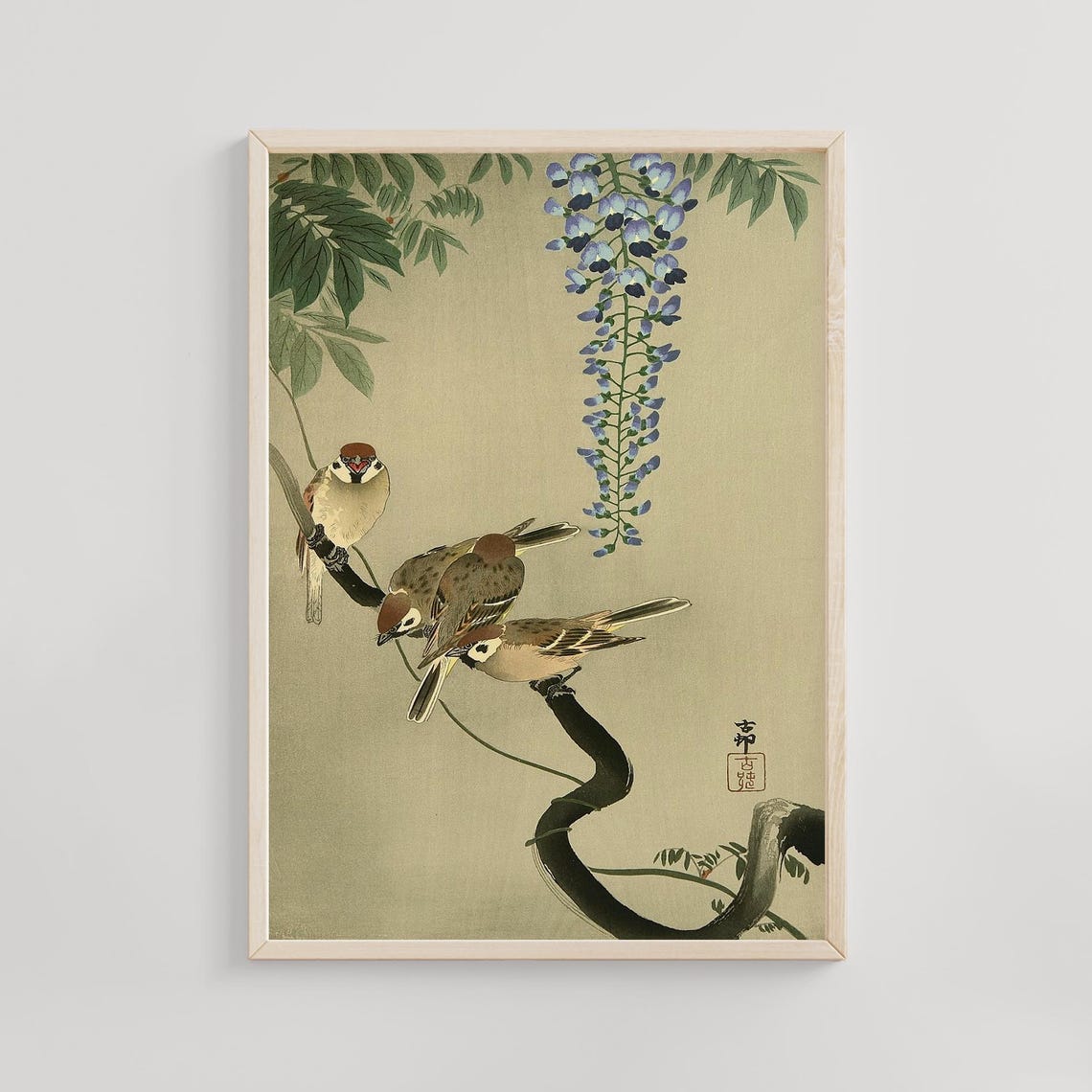 Ohara Koson Sparrows on a Branch by Wisteria Japanese Woodblock Poster