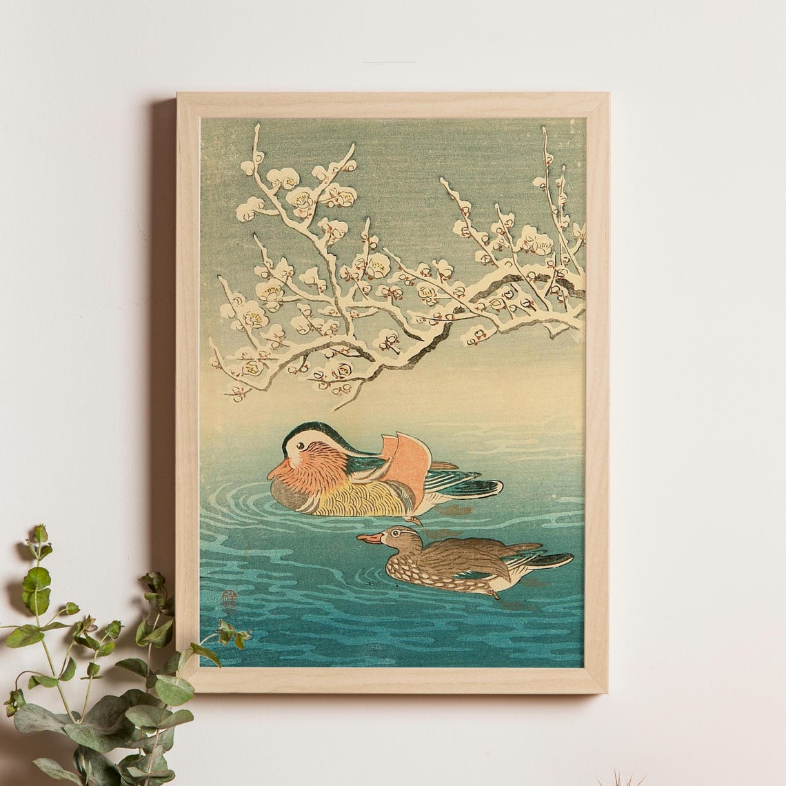Ohara Koson Mandarin Duck Pair Under Plum Blossom Japanese Poster