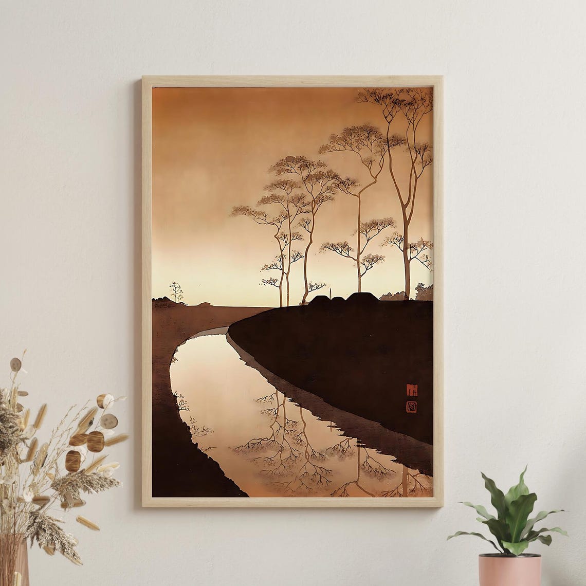 Golden River Bend with Tall Tree Silhouettes Night Woodblock Poster