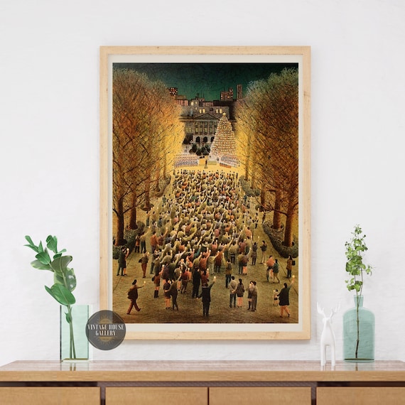 City Park Christmas Tree Lighting Night Crowd Japanese Art Poster
