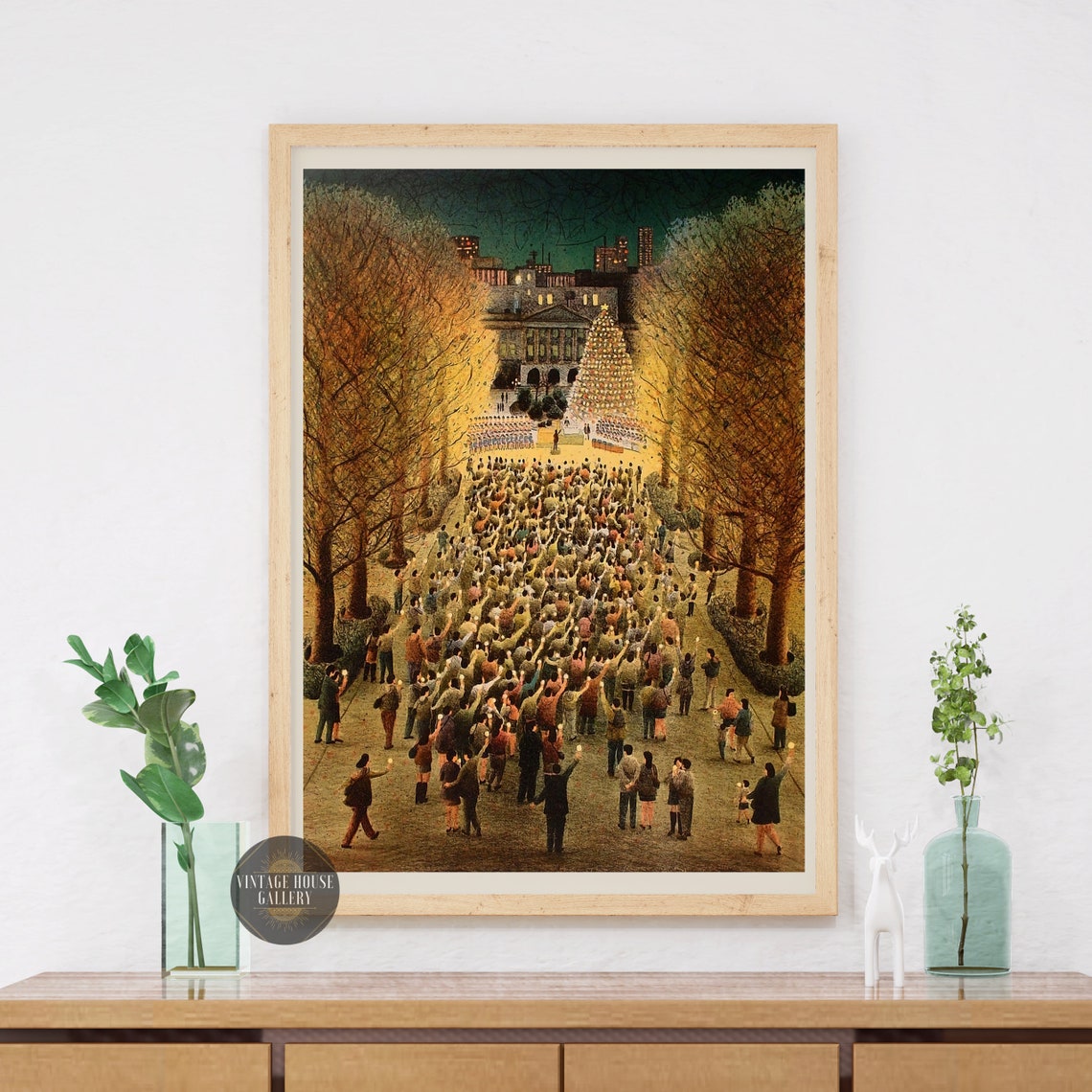 City Park Christmas Tree Lighting Night Crowd Japanese Art Poster