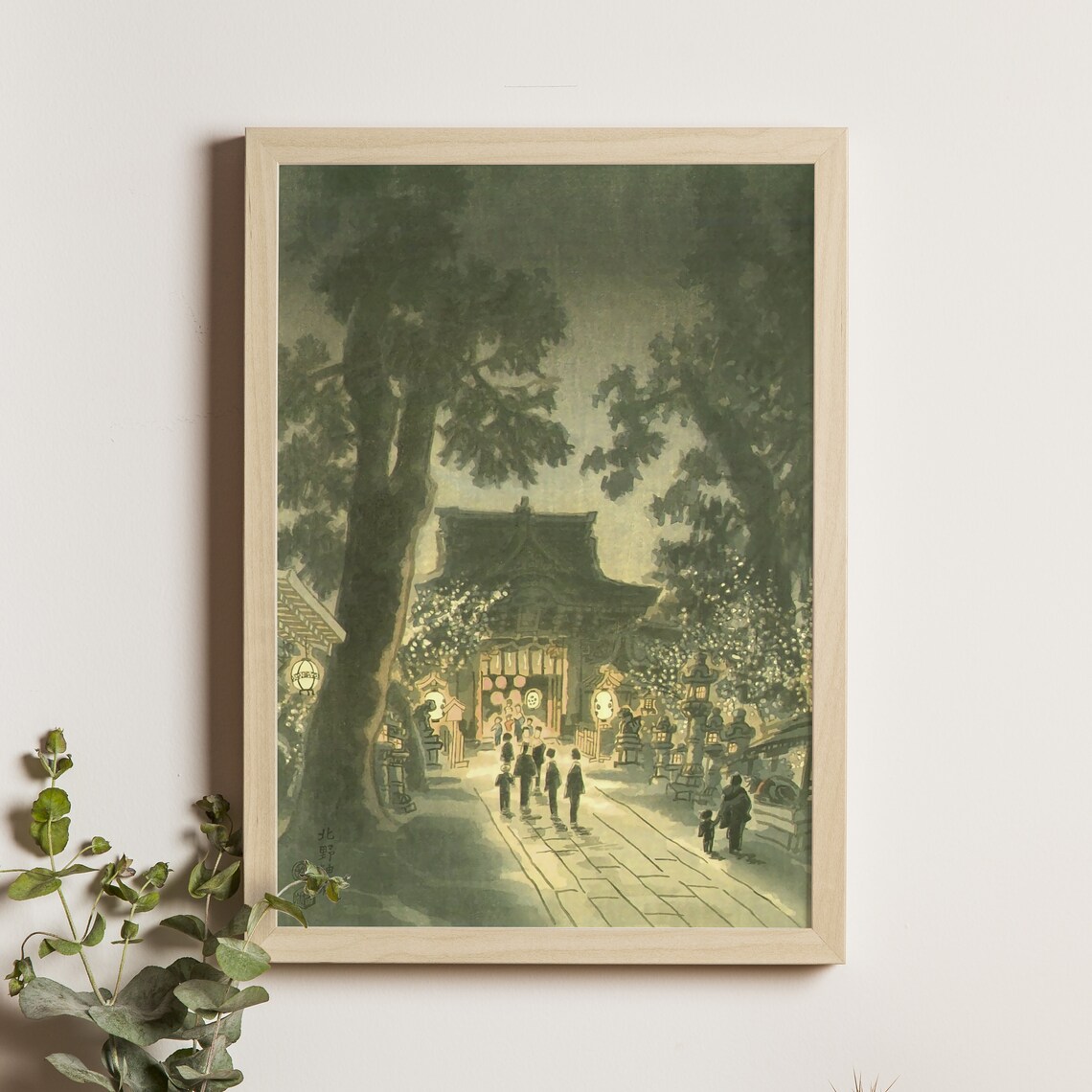 Lantern Lit Night Shrine Crowd Japanese Festival Woodblock Poster