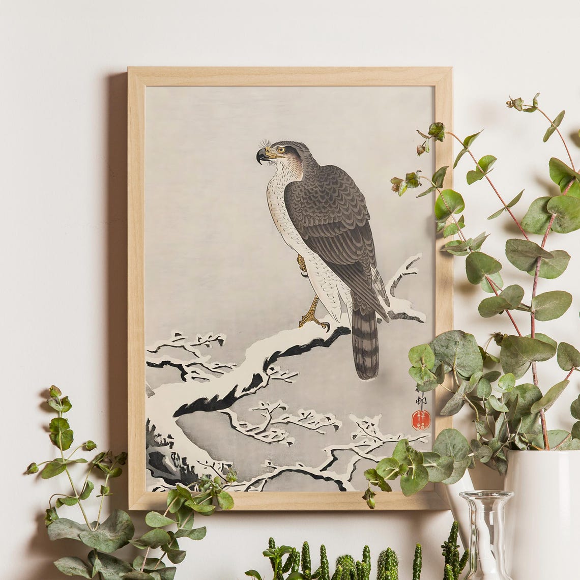 Goshawk on Snowy Branch Ohara Koson Winter Bird Woodblock Poster