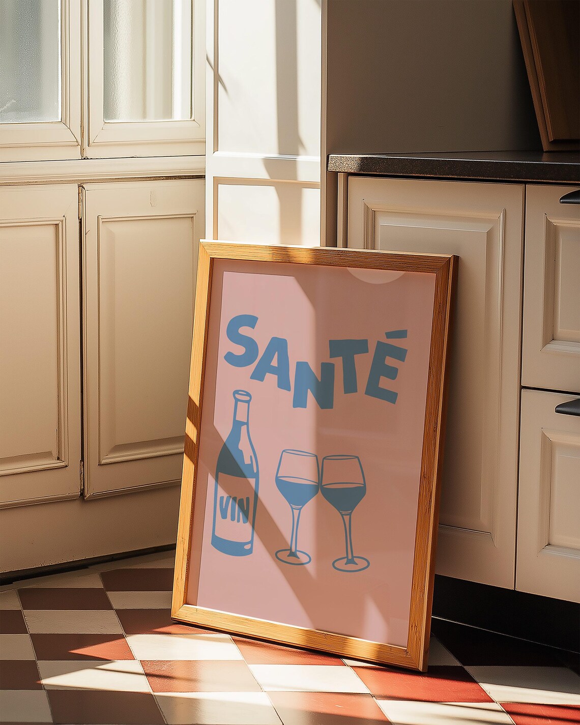 Santé French Blue Cheers Vin Bottle Wine Glasses Pink Bar Cart Poster - Image 3