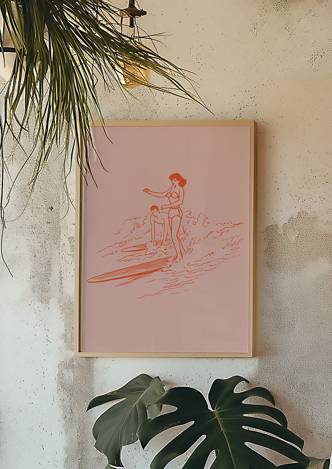 Vintage Surfer Couple Orange Line Art Pink Retro Beach Surf Wall Art - Image 3