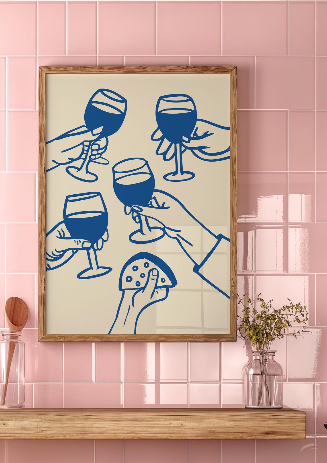 Blue Line Art Cheers with Wine Glasses and Cheese Kitchen Poster - Image 2