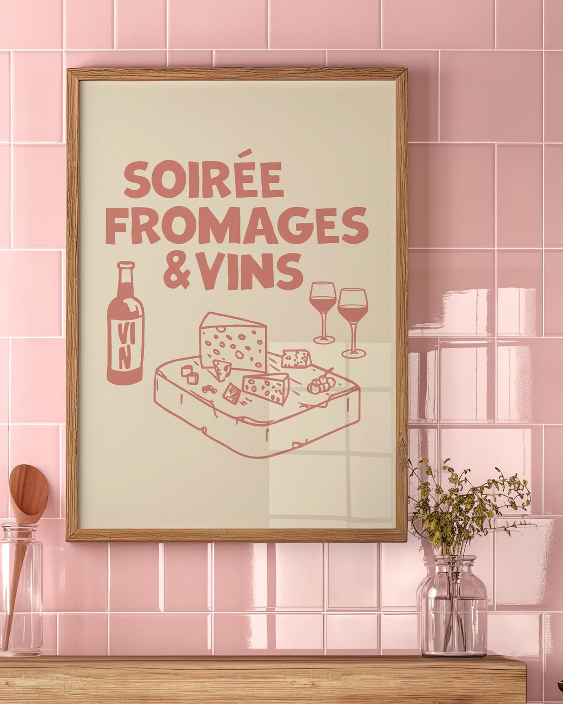 Soiree Fromages Vins Dusty Rose Minimal Line Art Cheese Poster - Image 3