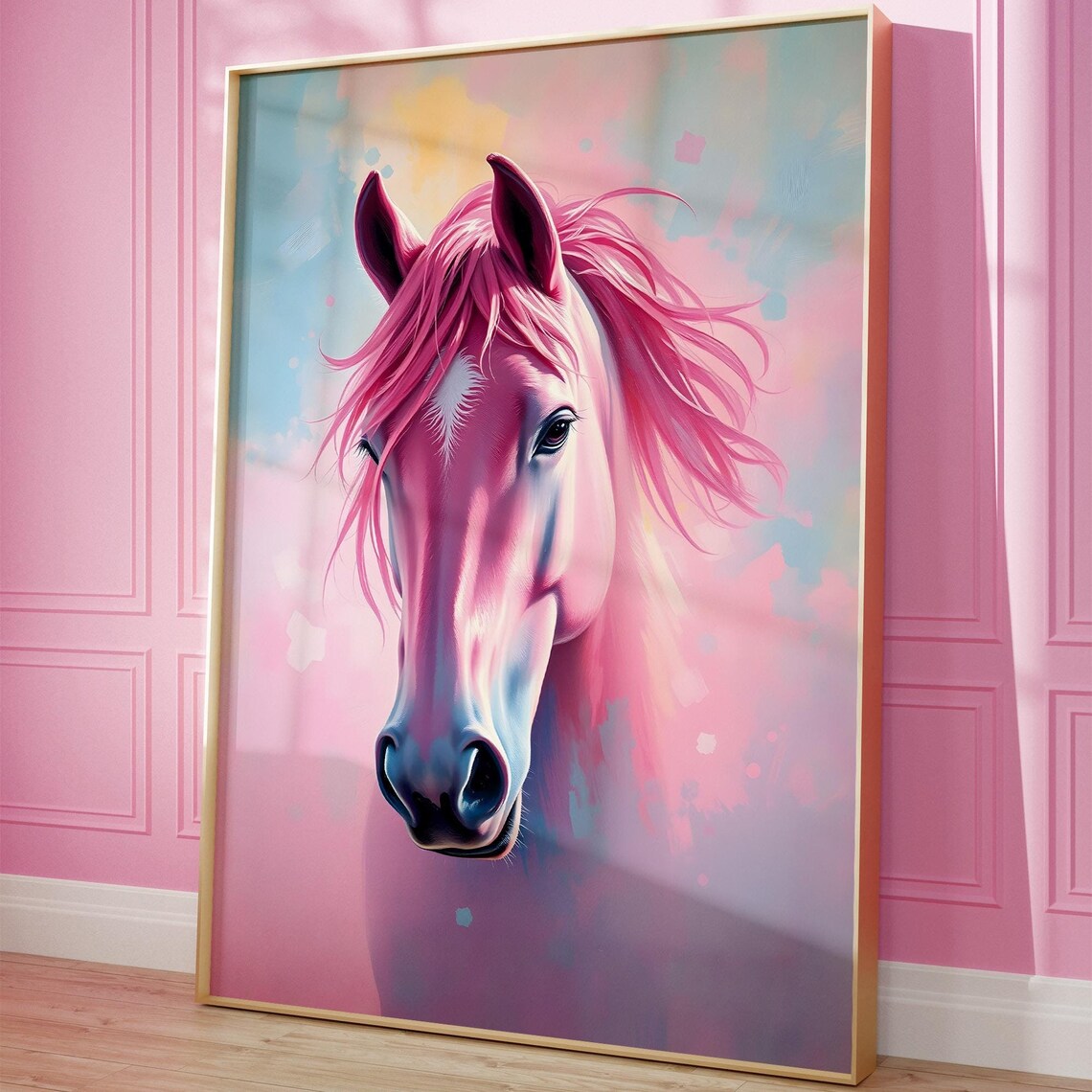 Dreamy Pink Horse Portrait In Pastel Fantasy Animal Art Poster - Image 3