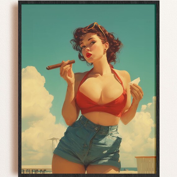1950s Pinup Girl Beach Cigar Summer Bombshell Seaside Retro Chic Poster