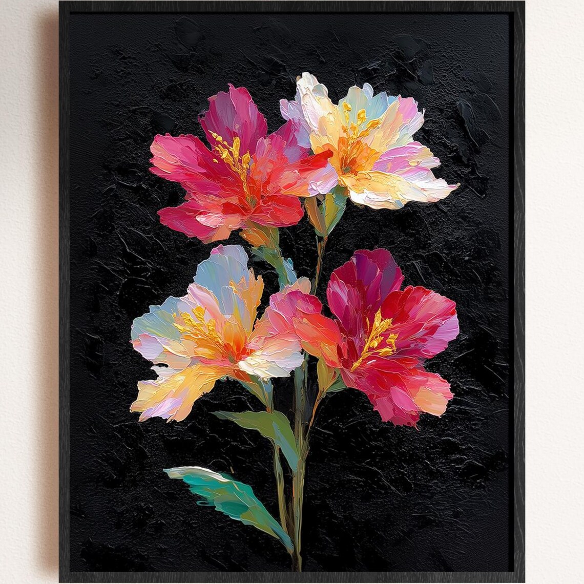 Colorful Floral Bouquet Pink And Gold Flowers On Black Canvas Print