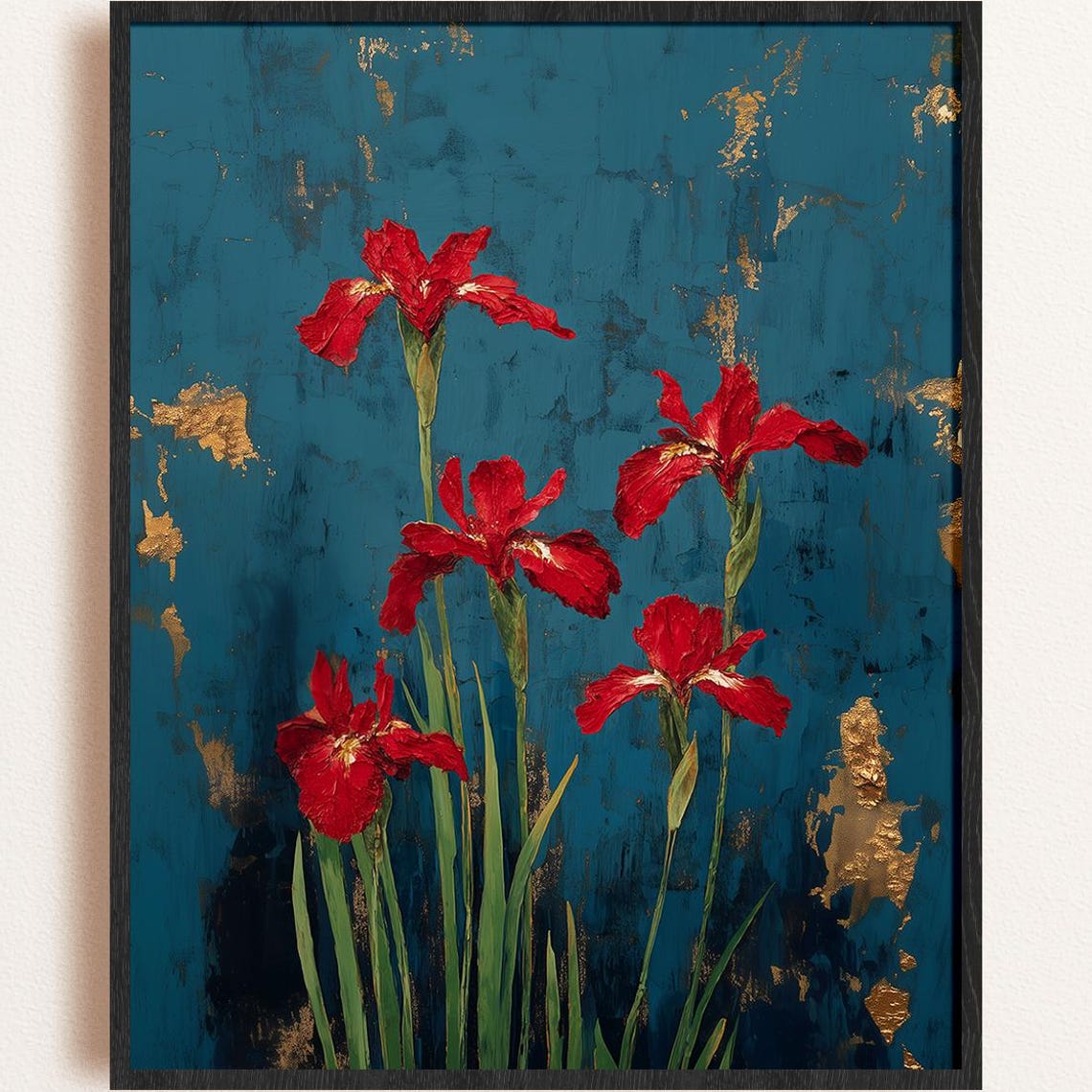 Crimson Iris Flowers On Teal With Gold Leaf Accents Art Poster