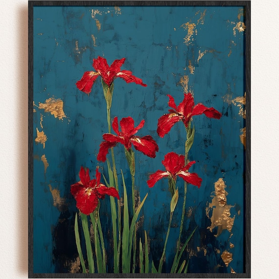 Crimson Iris Flowers On Teal With Gold Leaf Accents Art Poster