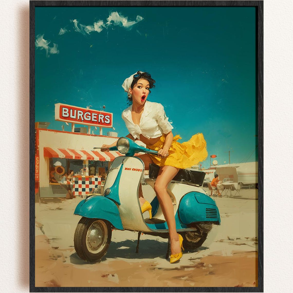 Vintage Pinup Poster Instant 50s Beach Scooter Moped Art Playful Retro Glam