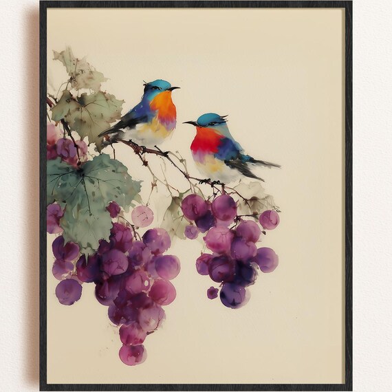 Watercolor Bird Grapevine Print Botanical Avian Wall Art