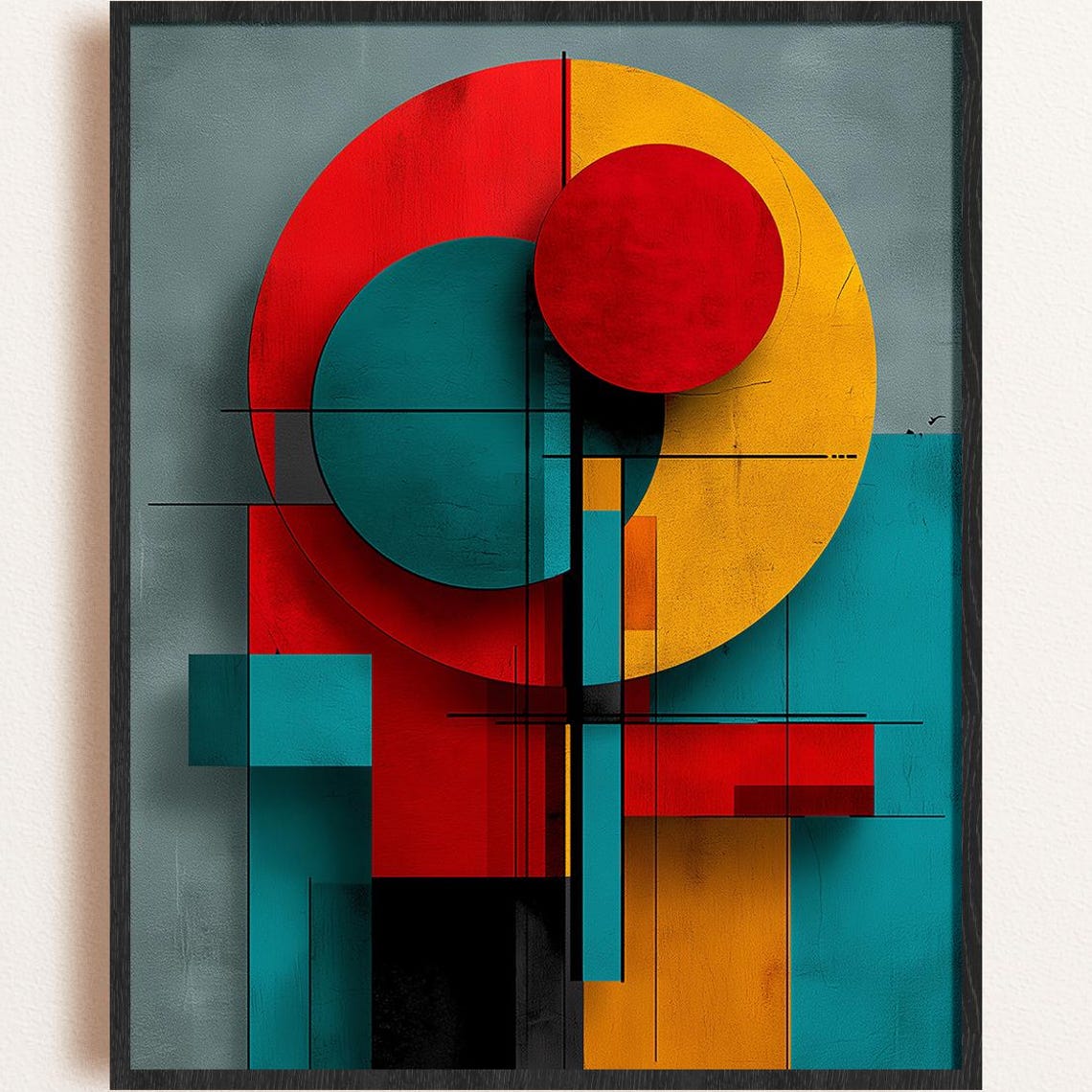 Red And Gold Circles Geometric Bauhaus Style Abstract Wall Art