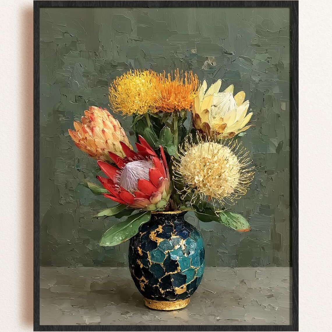 Jewel Toned Protea Bouquet Kintsugi Style Floral Vase Art Print