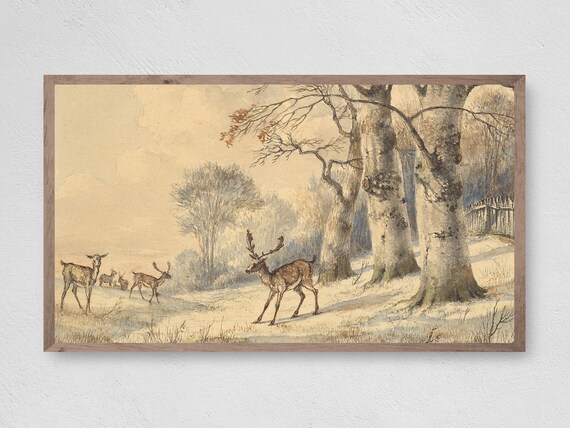 Vintage Deer Stag Does Snowy Birch Forest Winter Watercolor Art Print
