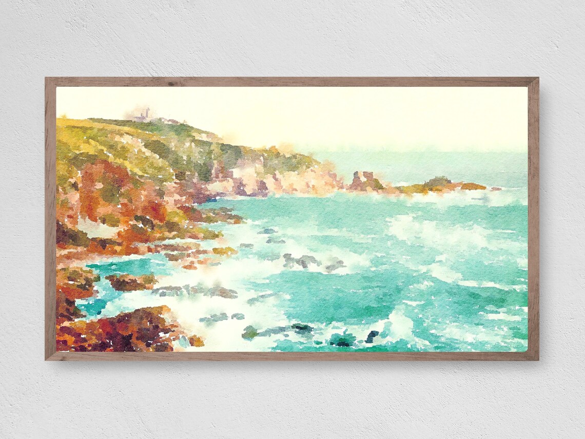 Turquoise Ocean Rocky Coast Watercolor Seascape Cliffs Coastal Art Print