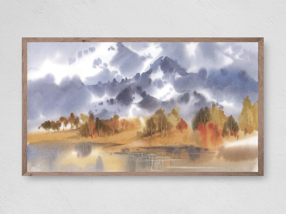 Watercolor Misty Mountains Autumn Trees Golden Lake Travel Poster