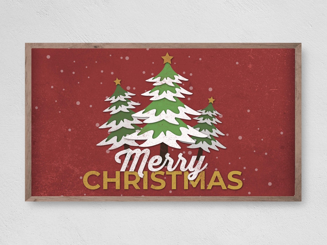 Merry Christmas Snowy Pine Trees Red Background Holiday Decor Poster