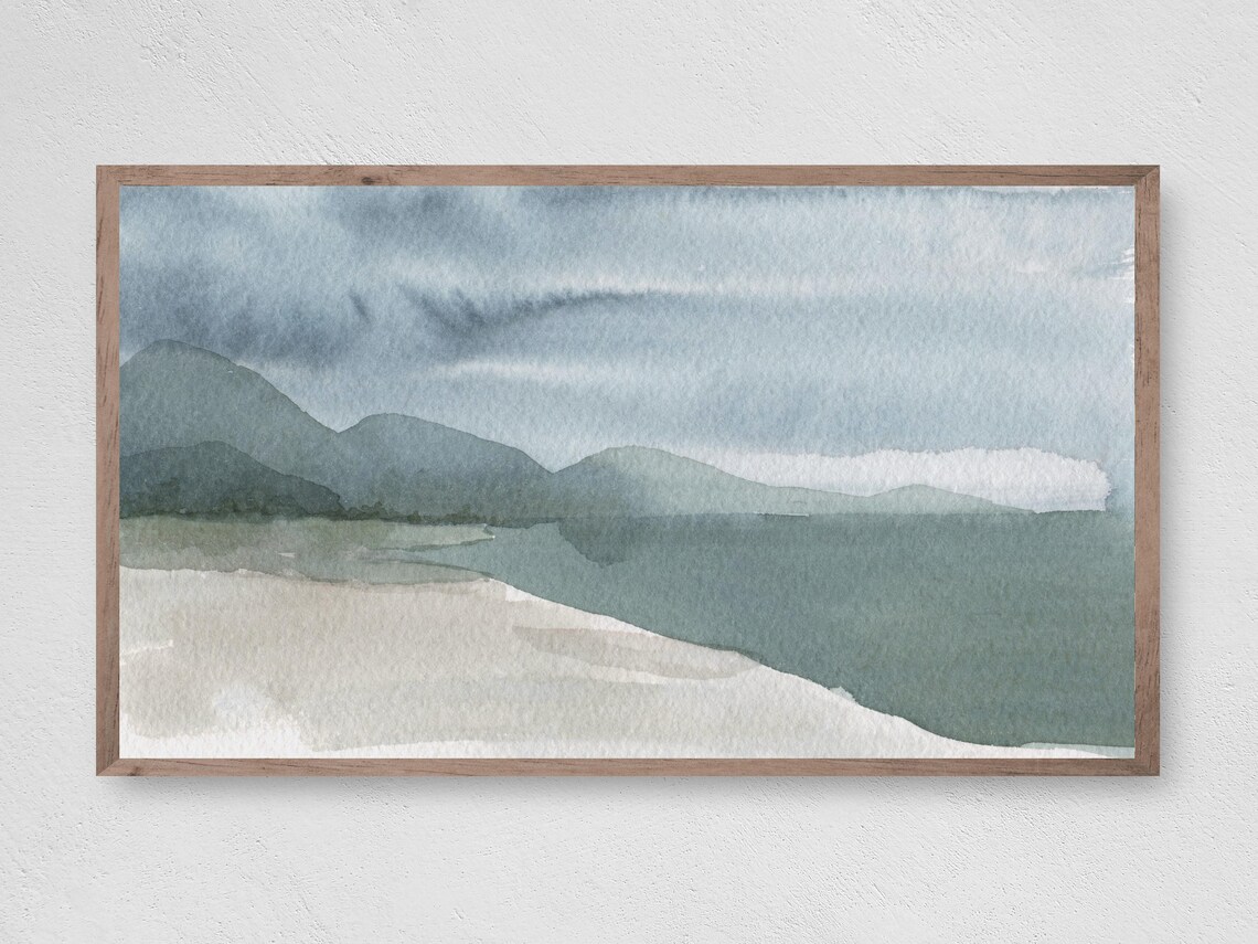 Mountains by the Sea Watercolor Beach Art Print